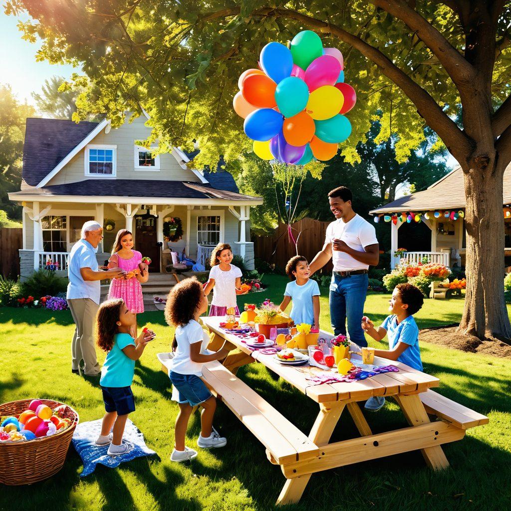 A joyful family celebration in a sunny backyard, with colorful decorations and balloons, featuring members of the Castillo family sharing laughter, delicious food on a picnic table, and children playing games. Surrounding the scene are vibrant flowers and a warm golden light filtering through the trees, evoking a sense of warmth and happiness. super-realistic. vibrant colors. 3D.