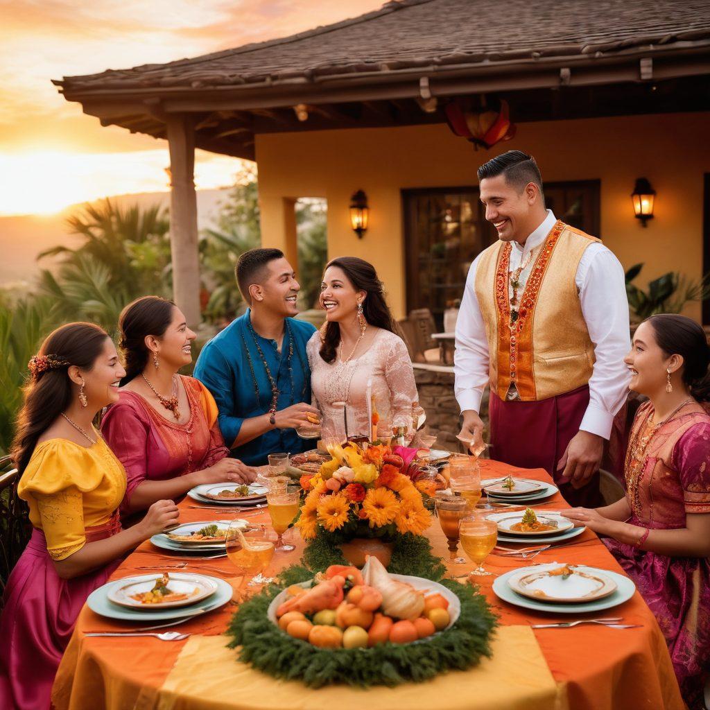 A vibrant family gathering showcasing the Castillo family, surrounded by traditional decorations symbolizing their heritage. The scene includes joyful expressions, traditional attire, and dishes from their cultural cuisine. In the background, a beautiful sunset casts warm colors over an outdoor setting filled with laughter and unity, celebrating their legacy. surrealistic. vibrant colors. warm tones.